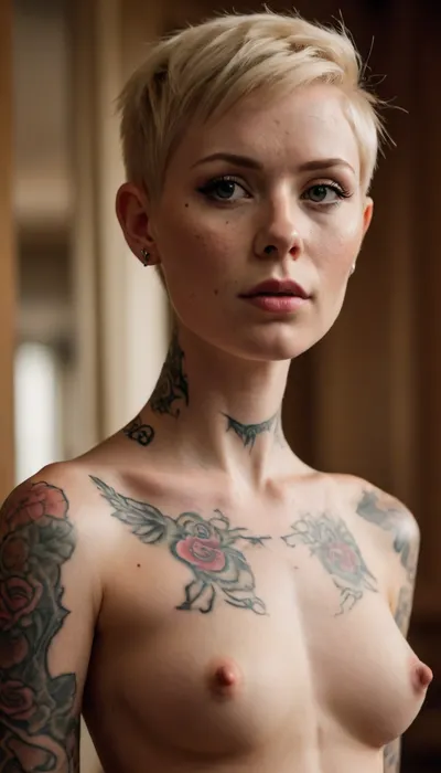 Pale skin, freckles, lots of tattoos, very short blonde pixie haircut, ChunLingerie, <lora:SDXL_ChunLingerieXL:.8>