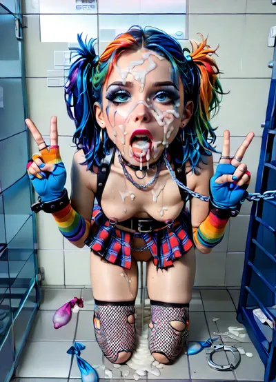 Multiple panels, multiple views, (before and after), pale skin, changing room, (orgasm face:1.4), (pale white skin:1.4), albino skin, (rainbow hair), messy hair, (high pigtails), (zoom out overhead view:1.3), rainbow shirt, goth makeup, goth clothes, (smeared makeup:1.1), (running eyeliner:1.1), (smeared eyeliner:1.1), torn fishnet stockings, plaid skirt, cleavage, torn clothes, small breast, perky breasts, skinny face, sharp face features, skinny legs, small ass, skinny thighs, shaved pussy, (cum on face:1.5), (excessive cum leaking from mouth on to chest:1.1), (excessive cum leaking from pussy:1.1), cum on pussy, kneeling, used condoms, running, dribble, from, tongue, tears, in, mouth, chin, nose, lip, forehead, lipstick, smear, crying, gagged, gagging, oral, invitation, after, fellatio, cum, on, face, cumshot, cumfacial, facial, Beforeafter, (sexy small breasts:1.3), (small waist:1), (tiny dark erect nipples:1.2), (tiny butt:1.3), (thin thighs:1.4), (short legs:1.6), tight ass, (tiny ass:1.6), beautiful face, very small breasts, messy rainbow multicolor hair, peace, sign, rainbow stockings, rainbow gloves, rainbow fishnet bodysuit, handcuffs, chains, chainedbelt, bondage, bound, tied, slave, (best blue eyes ever:1.5), (hanging nipple ring chains:1.3), (clit ring:1.4), plump, skindentation, chubby, bbw, venus, body, big, breasts, ass, <lora:Chubby BBW - XL:.5>
