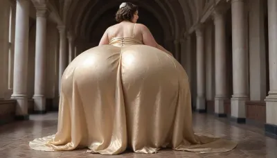 one solo woman, a chubby woman with a gigantic ass, Hyper ass, massive ass, hyper hips, thick thighs, chubby calves, chubby, brown hair, wearing dress