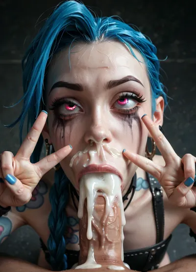 UHD 8K, cinematic masterpiece, maximum quality, maximum details, maximum realism, (jinx from lol), (blowjob face:1.5), (half open eyes:1.3), excessive cum on chin, (excessive cum in mouth), cum leaking from nose, dynamic side angle view, smeared makeup, running eyeliner, tongue out, (((both hands peace sign)))