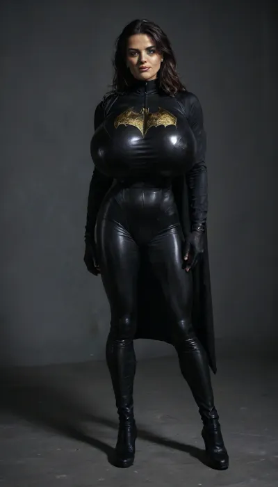 RAW image, Canon EOS R3, DSLR photo, 8k, best quality, (masterpiece:1.1), (realistic, photo-realistic:1.2), ultra high res, ((muscular), ((fit and muscular))), (gigantic breasts), (18 year old woman, (dark black hair), beautiful), ((toned shiny sexy batman, ((full-body catsuit)))), black cape, (shiny catsuit), (ultra-thin catsuit material), (black military boots), ((black utility belt with yellow bat symbol)), dark room, black walls, standing, high contrast, <lora:BUT_SDXL_SHS:.6>, <lora:add-detail-xl:.6>, <lora:DetailedEyes_V3:.5>, <lora:dark:.3>, muscle_bimbo, <lora:Muscle_Bimbo_SDXL:.8>