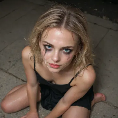 very skinny blonde girl, (ruined makeup), (ruined mascara:1.2), messed up mascara, sitting on a trash-covered sidewalk, at night, her legs in front of her, messy hair, ragged clothes, ragged mini-skirt, ragged and stained top, her body is dirty and filthy, body covered with filthy stains, she seems to be living in the street, (she received a huge facial cumshot), cum all over her face, (cum on her forehead:1), cum in her hair, seductive smirk, winking playfully, picture from above, 3/4 view, bukkake, cum, <lora:MS_Real_XL_Bukkake:.5>