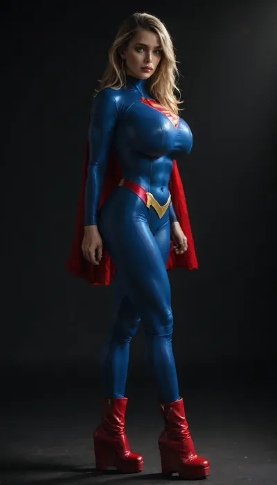 RAW image, Canon EOS R3, DSLR photo, 8k, best quality, (masterpiece:1.1), (realistic, photo-realistic:1.2), ultra high res, ((muscular), (fit and muscular)), (gigantic breasts), backlight, (18 year old woman, blonde, beautiful), ((toned shiny sexy supergirl, full-body catsuit)), (shiny catsuit), (ultra-thin catsuit material), (red platform boots), dark room, black walls, standing, high contrast, <lora:BUT_SDXL_SHS:.6>, <lora:add-detail-xl:.6>, <lora:DetailedEyes_V3:.5>, <lora:dark:.3>, muscle_bimbo, <lora:Muscle_Bimbo_SDXL:.9>