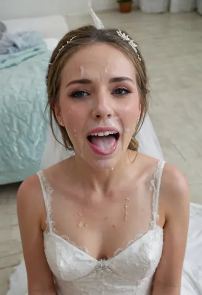 3/4 body shot of happy woman wearing wedding dress with cum on her forehead, facial, <lora:Facials:.5>, open mouth, (cum in mouth:1.3), <lora:JustCum:.5>