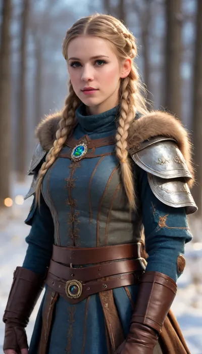 A fiercely proud Nordic girl stands, her presence exuding unwavering strength. Her blonde braids cascade down her back, framing a face marked by determination and resilience. This stunning portrait captures her piercing blue eyes, reflecting the icy landscapes of her homeland. The intricate details of her embroidered Viking armor and fur-lined cloak speak of her warrior spirit. This high-quality painting seamlessly combines power and grace, drawing the viewer into the captivating story of a fierce Nordic warrior princess. body manipulations, divine proportion, non-douche smile, gaze into the camera, holographic shimmer, whimsical lighting, enchanted ambiance, soft textures, imaginative artwork, ethereal glow, silent Luminescence, whispering Silent, iridescent Encounter, vibrant background, full body, (((rule of thirds))), high quality, high detail, high resolution, (bokeh:2), backlight, (long exposure:2)