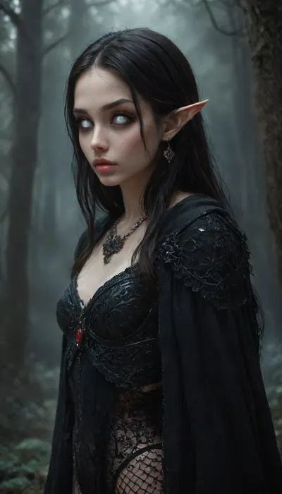 (1 extremely evil elf girl standing in a dark eerie forest:1.4), (close up angle:1.4), (side view), big thin cute lips, (extremely small beautiful face:1.3), black hair, (extremely long hair), extremely straight hair, (beautiful black fishnet armor:1.4), fully clothed, white skin, very long thick eyelashes, (light white eyes), (extemely beautiful petite body:1.4), collarbones, multiple big necklace, earrings, (cute tiny breasts), small waist, bubble butt, (extremely thin petite thighs), long legs, (extremely perfect big beautiful eyes:1.8), (perfect face), 8k, (dark evil forest), white, sclera, eyes, R3g4l, 3lv3n, woman, courtyard, armor, cloak, sword, castle, Dark, dreams, Eerie, reality, Horror, Darkness, <lora:white sclera v2:1.3>, <lora:rknArouseXL:.4>, <lora:Regal_Elven:1>, <lora:1366408_training_data:.8>, <lora:DDXL:1>