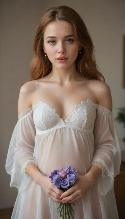An intimate and emotionally intense portrait of a pregnant russian girl, cute russian girl, brown eyes, (((thin and narrow lips))), ginger long hair, body, small boobs, beauty happy face, cleavage, pretty, faces, she in love with viewer, teasing, begging, inside, flat, chested, made in a soft, artistic style. The main emphasis is placed on the tenderness and beauty of the female body during the period of waiting for . The woman stands against the background of a minimalistic dark space, which emphasizes her figure and creates an atmosphere of intimacy. She is wrapped in a translucent fabric in a pastel lilac shade, which gently wraps around her body, creating a feeling of lightness and lightness. The fabric partially covers the chest and exposes the rounded belly, symbolizing motherhood and life. The woman's hands gently hug her stomach, adding softness and warmth to the composition. In one of her hands she holds a small bouquet of delicate wildflowers, the shades of which harmoniously echo the color of the fabric. This adds a natural simplicity and refined aesthetics to the painting. Her long, ginger hair flows down, framing her face and enhancing the feeling of naturalness. The facial expression is calm and thoughtful, and the gaze is directed downward, which gives the image inner harmony and balance., <lora:flat_chested_v3.5:.8>