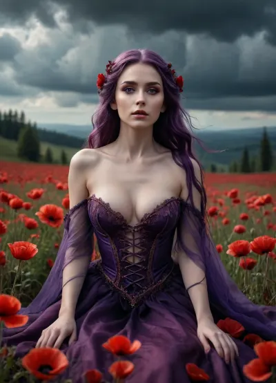 fantasy dystopia, dark ethereal aesthetic, an elven woman with long flowing purple hair, opulent regal attire, revealing and luxurious gown with intricate details, lying seductively on a field of blood-red poppies, aerial view from above the clouds, cinematic composition, soft lighting with ominous shadows, death symbolism, dark fantasy atmosphere, pale skin, glowing eyes, delicate yet powerful presence, surrounding forest with twisted trees, dramatic sky with stormy clouds, high detail, moody and atmospheric, ass, up, wait, masturbation, fingering, female_masturbation, grabbing_own_breast, <lora:288407_training_data:.8>