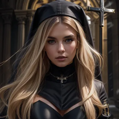 Close up, Dark church background, boots, cross necklace, sexy satin habit, long hair, necklace, nun, solo, standing, thigh boots, thighhighs, (((beautiful face))), (((detailed face))), (((perfect face))), highly, best natural sunlight, masterpiece, 8k, (Masterpiece:1.2), high quality, Volumetric Lighting, backlight, sexy