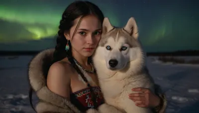 Siberian snowy tundra, night, northern lights, national dwelling from skins, chum, near the chum squats a beautiful young Evenk girl, wearing beautiful fur national clothes, clothes decorated with beads and national northern embroidery, long black hair is braided into two pigtails, the top of the parka is unbuttoned, ((the girl's breasts are barely covered, one nipple is visible)), the girl is hugging a fluffy Siberian husky, full-color picture, 8K quality, the whole body is in the frame.