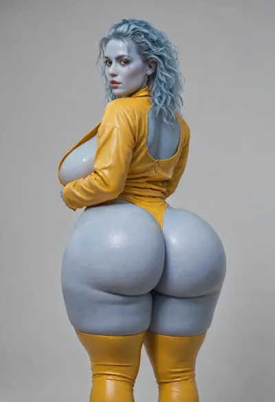 (view from behind), focus on butt, tight form fitting yellow jumpsuit, unzip suit with hand, (light blue skin), alien girl, (oversized thick thighs:1.5), bare huge large rounded breasts, unbottoned, open suit, ((gigantic plump butt:1.2)), looking back to viewer, bitting lip, waist, bimbo lips, (oversized wide hips:1.5), white background