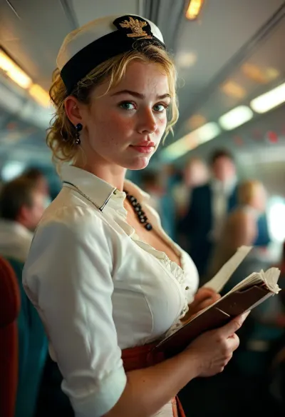 View from the back of a crowded airplane, a voluptuous blonde flight attendant stands in an aisle demonstrating flight safety instructions to the passengers, naked+stewardess hat+earrings+garter belt+dark stockings, 35 years old, tanned, deep tan lines, large natural breasts+dark aureolas+upturned nipples, makeup, beautiful eyes, confident smile, a few wrinkles, unshaved hairy bush, view from thighs up, passengers ignore her, <lora:MJ52:.8>