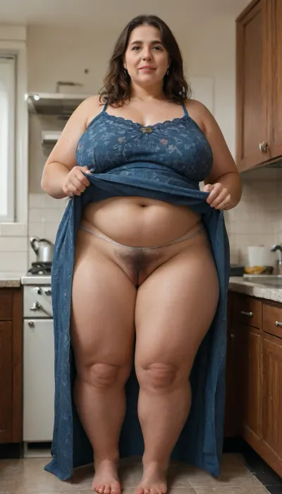 (Wide angle full body shot), (obese:1.4), (old:1.6), milf standing in a kitchen, (lifting the hem of her long dress:1.6), to show her sexy panties, (panties over hairy pussy), skirtlift, <lora:skirtlift_xl:.8>, <lora:add-detail-xl:.8>