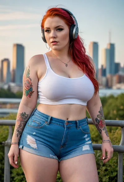 Portrait photo of 30 years old woman, hyper fat bbw midget model, with hyper thick thighs and hyper large fat round ass, tummy, floppy breast. High detail and realistic eyes. Many floral tattoos. Red hair. Big earrings, necklace, jewellery., (White Crop top), (Mini Extreme Thigh Rip Denim Short), (beats headphone), View from side, dynamic angle. Windy, windy hair. Walking modern sity, skylines. Sunrise. Best quality photo, 8k photo, high detail, high resolution photo.