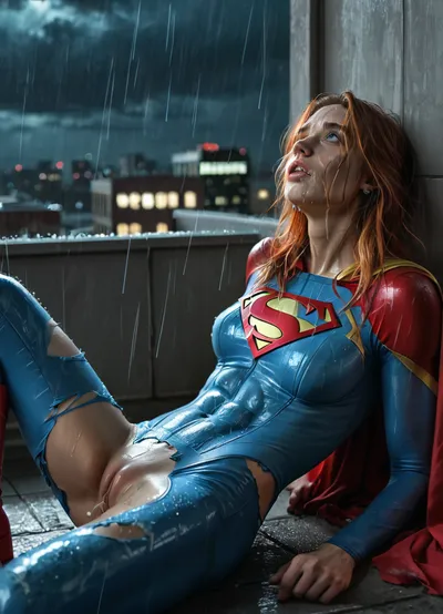 RAW image, Canon EOS R3, DSLR photo, 8k, best quality, (masterpiece:1.1), (realistic, photo-realistic:1.2), ultra high res, ((muscular), (fit and muscular)), backlight, (18 year old woman, redhead, beautiful), (woman's face post-orgasm:1.2), (close view of face:1.3), (wet hair), rain, ((rainy weather)), a dark raining city rooftop, ((rooftop)), ((toned shiny sexy supergirl, full-body catsuit)), (shiny catsuit), (ultra-thin catsuit material), (red platform boots), (on back with legs spread on a dark Skyscraper roof), sprawled on back, (head turned and laying on the ground), (body arched over broken and crushed metal rooftoop air-conditioner), (broken rooftop pieces laying around), (lying on top of wreckage), (side view near face), (mouth hanging open, vacant stare, eye roll:1.3), (watery cum is flowing from the pussy:1), (magically glowing blue cum:1), jizzed, ((night, rain)), (torn clothes, revealing clothes:1.2), <lora:BUT_SDXL_SHS:.6>, <lora:add-detail-xl:.6>, <lora:DetailedEyes_V3:.5>, <lora:dark:.3>