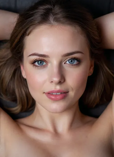 very very close up, various angles, head shot, A beautiful english woman lying down on her back illuminated against a plain dark background. Front lit, diffused background light, Glowing, shining, pale skin, oily skin, hard light, hourglass figure, perfect face, perfect mouth, perfect blue eyes, Brunette, Light brown hair, Bangs, hair behind, full of emotion, happy, mischievous smile, sensual, licking lips, tongue out, ready to suck cock, eyes half closed