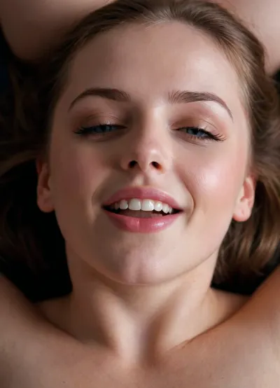 very very close up, various angles, head shot, A beautiful english woman lying down on her back illuminated against a plain dark background. Front lit, diffused background light, Glowing, shining, pale skin, oily skin, hard light, hourglass figure, perfect face, perfect mouth, perfect blue eyes, Brunette, Light brown hair, Bangs, hair behind, full of emotion, happy, mischievous smile, sensual, licking lips, tongue out, ready to suck cock, eyes half closed, POV, from below