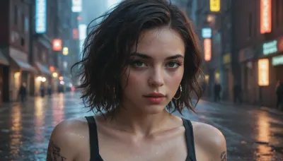 A neon-noir hacker woman with cybernetic tattoos, reflecting city lights on her face, rain-soaked cyberpunk alley.