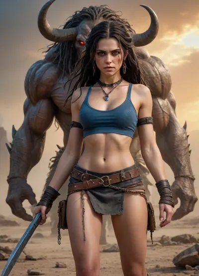 A 25-year-old desert survivor in a post-apocalyptic fantasy world that stands on the edge of a vast, cracked wasteland under an ominous gray-orange sky. The land is ravaged and lifeless, littered with the ruins of forgotten civilizations and gnarled trees petrified by time. Monster Minotaur grabs duvushka and impales her on his huge cock, from excitement and pain the girl screams in ecstasy, sperm pours out of her holes, the monster tears the clothes on the girl, rags. 

The girl has long black hair in messy braids and dreadlocks, and fair skin with soft, doll-like features. Her big blue eyes are full of fear, but also charm. She is wearing a modest outfit made of stitched leather and torn fabric, a cropped top and a short skirt that accentuates her toned figure. She looks back at the monster behind her with a mixture of greed and strange attraction. Looming behind her is a monstrous mutated minotaur-over 10 feet tall, muscular and primal, with jagged obsidian horns, glowing red eyes filled with rage, battle scars etched into its flesh, and chains hanging from its belt. His body is a terrifying fusion of power and mutation-his armor is half-melted into muscle, his sinews exposed beneath a torn hide-and yet he has an undeniable animal magnetism." He stomps forward through the swirling dust and ash, chasing the girl with predatory concentration, his huge cock sticking out and wanting to plunge into the holes of the cute elf. Style, dark fantasy, dystopian apocalyptic setting, cinematic lighting, dramatic moment of action, high detail, sensual tension, large, flaccid, copulation, abs, ass, penis, <lora:largebulg1-000012:1>, <lora:largebulg1-000012:.8>