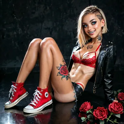 (Full body view), (((She is a 20 year old, short, cute petite and slim girl))), (with long, side-cut blonde hair), and, (big, cute blue eyes), (light freckles on her face), ., (She has braces on her teeth), (She has a cute petite slim body with tan lines), (((body covered in tattoos of roses and skulls all over her arms, legs, butt, lower abdomen, cleavage, back and neck))), (Her tits are medium sized, round and firm with small pink nipples), (her stomach is flat and sculpted), (her butt is tiny, round and firm with a very tight), ((She wears heavy, aggressive makeup)), ((a bright red lace bra)), (a leather jacket), ((very skimpy little leather shorts with a bright red thong visible underneath), and, (high-top red converse)), detailxl, braces, teeth, <lora:add-detail-xl:1.3>, <lora:braces-sdxl:.4>, <lora:SDXLHighDetail_v6-000005:.8>
