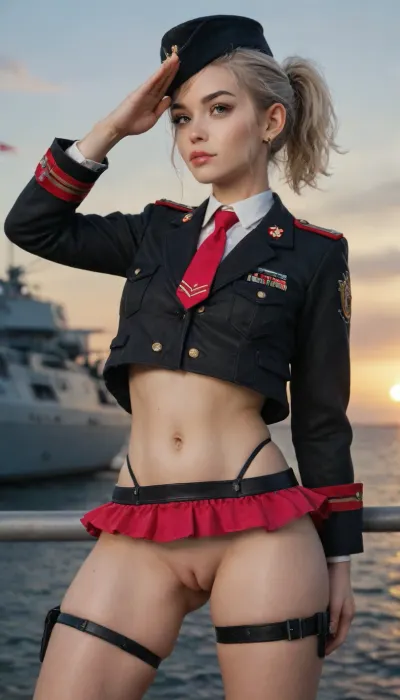 (UHD:3), perfect bright lighting, gorgeous 18yo ukranian girl, very high ponytail, short ponytail, platinum blonde hair, serious expression, stunning eyes, long thick eyelashes, pink lips, small necktie, (pink and black multicoloured microbikini), small black leather jacket, tight stomach, (g string), (tiny black microskirt), visible pussy, (innie pussy:2), sexy legs, (very strict salute pose:1.4), (one arm behind back), legs spread, standing, thigh strap, on a battle ship, ocean view