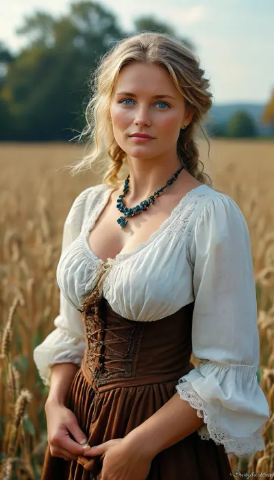(((a peasant woman in a medieval brown dress, corsage, white blouse, neckline, blonde, blue eyes, a cuhubby mature woman of 50 years old, with huge breasts, wide hips, gergeous ass and a shaggy pussy, works in the field))), ((oktoberfest dress)), (((masterpiece, the best quality))), (wheat field, ears, sickle, sheaves), <lora:220437_training_data:.5>, <lora:MJ52:.8>
