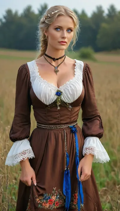 (((a peasant woman in a medieval brown dress, corsage, white blouse, neckline, blonde, blue eyes, a cuhubby mature woman of 50 years old, with huge breasts, wide hips, gergeous ass and a shaggy pussy, works in the field))), ((oktoberfest dress)), (((masterpiece, the best quality))), (wheat field, ears, sickle, sheaves), <lora:220437_training_data:.5>, <lora:MJ52:.8>, Garterbelt, black, fabric, floral, embroidery, wearing, the, garterbelt, iron, chains, <lora:GarterbeltXL:.8>