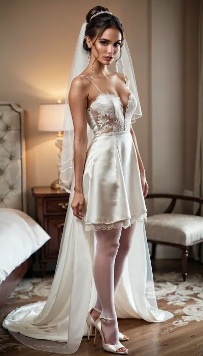 Full body photo of a young bride, beautiful face, wearing a white satin wedding dress, veil, gloves, lace, loose satin, delicate fabric, white stockings, high heels, dark brown hair, straight hair, slender body, slim arms, looking at viewer, seductive pose, bedroom background, realistic, realism, realistic skin, dimples, brown ponytail, beautiful hair, mega, ponytail, big, hair, <lora:xl_mega_ponytail-1.0:.5>