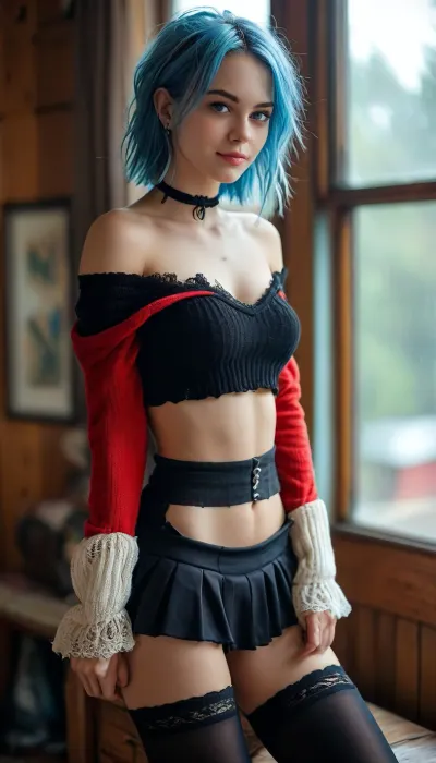 score_9, score_8_up, score_7_up, 1girl, hoop_earrings, breasts, solo, boots, underboob, thighhighs, earrings, jewelry, multicolored_hair, sitting, black_hair, high_heel_boots, garter_straps, high_heels, sweater, looking_at_viewer, off_shoulder, indoors, black_footwear, blue_hair, two-tone_hair, window, underwear, crop_top, blue_eyes, off-shoulder_sweater, bare_shoulders, short_hair, knee_boots, medium_breasts, smile, shorts, panties, no_bra, black_panties, hand_in_own_hair, red_sweater, black_thighhighs, day, realistic, arm_support, ass, collarbone, lace-trimmed_legwear, skirt, long_sleeves, thighs, <lora:MJ52:.8>