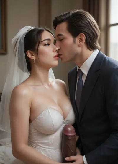 interracial, ((POV of large veiny black penis with golden cock ring)), A sexy and intimate boudoir-style photo of a beautiful chubby Iranian bride and her Nigerian groom. The image focuses closely on the upper body and face of the bride, highlighting her striking facial features, smooth skin, and expressive eyes, with soft, flattering lighting. Her dark hair is styled elegantly, and delicate lace details of her bridal lingerie or robe are subtly visible. The Nigerian groom is close beside her, creating a warm, sensual connection, his skin contrasting beautifully with hers. The background is softly blurred, giving full attention to their emotion and presence., (((white skin husband in suit kiss the bride)), ., nicorima), Curvy, body, <lora:b8174d41-8ba7-4318-bc14-53ee7e353d91.TA_trained:.8>