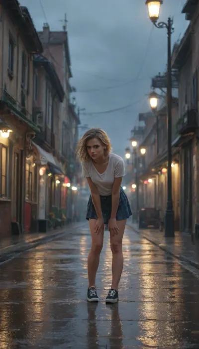 1girl, short blond hair, bue piercing blue eyes, (bent over), (mini skirt 1.5), raindrops splashing around her, intense focus, (stormy evening), (gusts of wind), de_train map, (((raindrops in the air 1.4))), flickering street lamps, puddles reflecting dim light, distant thunder, industrial shadows, gritty atmosphere, ultra-detailed