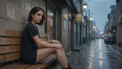 pink dildo in ass, 1girl, short black hair, piercing blue eyes, sitting on bench, hands resting on knees, rain-soaked, raindrops falling around, stormy night, damp street, de_train map, flickering lamp posts, puddles reflecting dim light, distant thunder, industrial shadows, contemplative expression, gritty atmosphere, ultra-detailed