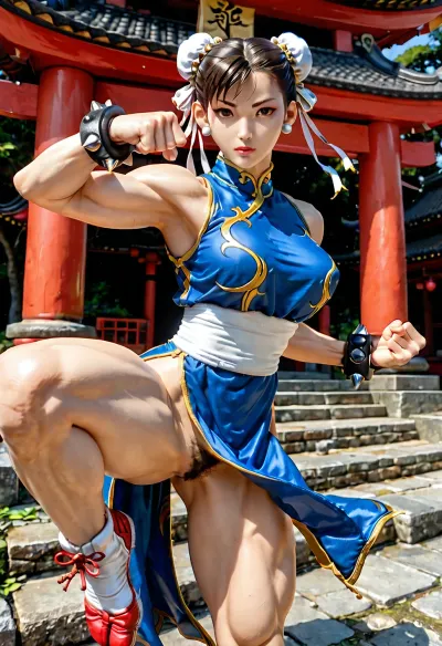 Chun-li, street fighter, huge tits, toned body, slim, superhero, action pose, martial arts, traditional Chinese dress, bare legs, bare arms, Japanese temple in the background, highest detail, masterpiece, highest detail face, esmsdxl, <lora:esmsdxl:.8>, pubes, <lora:kickGirl:.8>