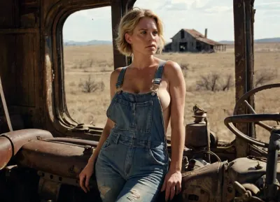 post-apocalyptic farmhouse interior, rustic wooden beams, cracked walls, dust and cobwebs, dim natural lighting through broken windows, lone female farmer, early-to-mid-30s, short blonde hair, freckles, curvy, voluptuous figure, ample bosom, tight-fitting, torn overalls exposing smooth legs, dirty bare feet, one strap fallen off her shoulder, top button unfastened revealing a hint of her lacy black bra, holding a worn rifle in her strong hands, wistful gaze out the window, smoke rising in the distance, (((abandoned fields))), (((barren landscape))), (((dilapidated farm equipment))), melancholic mood, atmospheric lighting, warm color palette, high-detail, hyper-realistic, cinematic composition, 4k resolution, lens flare, depth of field effect