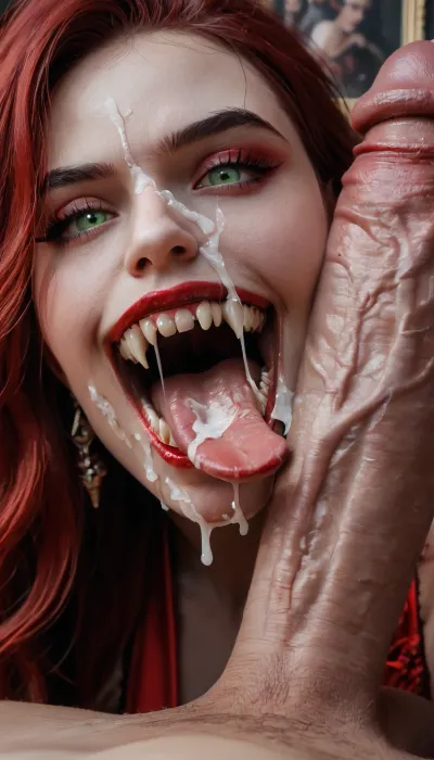 beautiful 18 year old romanian vampire biting a cock, close up, red satin bra and red satin gown, long wavy black tousled hair with red high lights, (8k, RAW photo, best quality, masterpiece:1.4), perfect green eyes, (vampire fangs), ((big fangs bitong in to cock)), seductive look, full body body visible, view from side, looking at wiver, cum in mouth, cum on face, facial, ((a very very long forked tongue wraps around the cock))