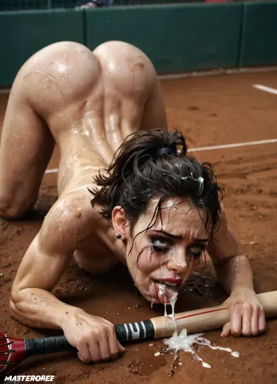 Lies naked on the ground, trained body, muscular, skinny, small body, short blond hair, ponytail. Head on the ground, messy makeup, very wet, oily hair, messy hair, submissive attitude, ass up, in her ass sticks a baseball racket the racket is painful in her ass, baseball racked . She looks embarrassed and sad with a smile on her face, See, the, home, page, parameter, description, for, details, running, makeup, cum, dribble, from, tongue, facial, tears, in, mouth, on, face, chin, nose, lip, forehead, lipstick, smear, crying, gagged, gagging, erection, deepthroat, gag, hand, another's, head, half-closed, eyes, closed, oral, invitation, after, fellatio, <lora:肮脏环境-XL:.8>