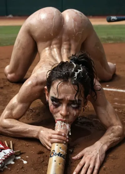 Lies naked on the ground, trained body, muscular, skinny, small body, short blond hair, ponytail. Head on the ground, messy makeup, very wet, oily hair, messy hair, submissive attitude, ass up, in her ass sticks a baseball racket the racket is painful in her ass, baseball racked . baseball bat in the ass, anal, solo, wet holes, She looks embarrassed and sad with a smile on her face, See, the, home, page, parameter, description, for, details, running, makeup, cum, dribble, from, tongue, facial, tears, in, mouth, on, face, chin, nose, lip, forehead, lipstick, smear, crying, gagged, gagging, erection, deepthroat, gag, hand, another's, head, half-closed, eyes, closed, oral, invitation, after, fellatio, <lora:肮脏环境-XL:.8>