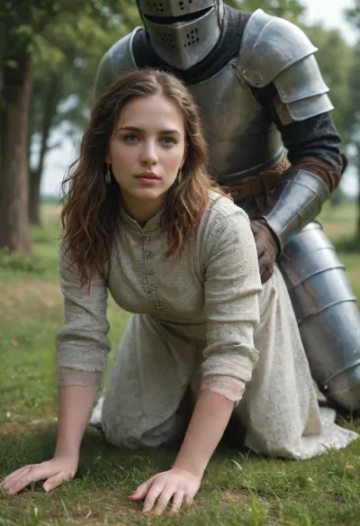 Erotic scifi scene. Hyper realistic, (male medieval knight in armour), doggystyle fucking, (a poor country girl in simple rough clothes), outdoor, field