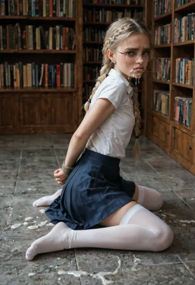 (tears 1.5), beautiful 22 y/o blonde girl with braided pigtails, ((pretty young face)), (skinny body 1.6), white stockings, round glasses, (sad face 1.5), (angry face 1.5), (cry 1.5), ((in library)), ((hands tied behind the back)), mascara flowed, ultimate realism, skirt raised, cinematic masterpiece, (anal gape 1.9), ((cum dripps out anal on floor 1.1)), ((cum dripps out mouth on floor 1.1)), (realistic cum 1.5), rear view, <lora:boringRealism_primaryV4:.3>