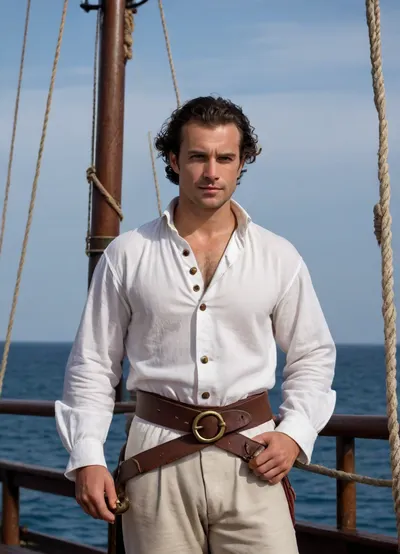 18th century, a 35-year-old sailor stands on the deck of a sailing ship and holds his hand to the tackle, dressed in a snow-white loose shirt made of fine linen, a wide belt with a copper buckle, high boots, a sword with a twisted guard on his belt, a wooden ship, with the sea and sky in the background, high image quality, fine detail