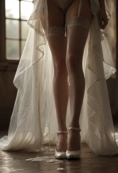 close-up of, (an curvy Iranian bride’s legs wearing sheer white thigh-high stockings and white high heels), elegant and feminine pose, (thick milky white sperm with pale creamy undertones pouring from above in mid-air:1), (cum splashing onto the shoes and stockings:1), (dripping, flowing glossy cum captured in motion:1.4), stockings getting drenched, shoes partially coated, cinematic lighting, dark velvet floor, surreal fashion style, highly detailed, photorealistic, (ultrarealistic:1.5), <lora:gyakutaiojisan_bed_AB_XL:.5>, <lora:dark:.3>, <lora:MJ52:.5>, (bokeh), (long exposure), (backlight), sunset