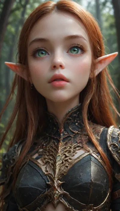 (1 extremely cute elf girl standing in a dark evil forest:1.2), (close up angle:1.3), (front view), (big thin cute lips), (extremely small cute face:1.3), orange hair, (extremely long hair), extremely straight hair, (beautiful black armor:1.2), partially clothed, white skin, very long thick eyelashes, (light green eyes), (extemely cute petite body:1.4), collarbones, multiple big necklace, earrings, (cute large breasts), small waist, (cute bubble butt), (extremely thin petite thighs), long legs, (extremely perfect big beautiful eyes:1.2), (perfect face:1.3), (8k), (dark forest at night), white, sclera, eyes, dark, fantasy, F41Arm0rXL, <lora:white sclera v2:1.3>, <lora:rknArouseXL:.8>, <lora:1366408_training_data:.8>, <lora:dark_fantasy_art:1>, <lora:Fae_Armor_XL-000008:1.3>