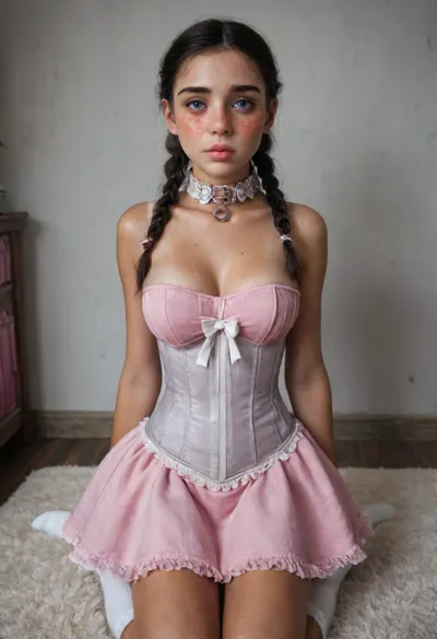 Full Body View, ((photo taken in class:1.5)), ((kneeling slave POV:1.5), Uber realistic, perfect lighting, (best shadows), 8K, UHD, clear image, (best lighting), Best quality, Ultra Detail, Fine Detail, High Definition, 8k Wallpaper, Masterpiece, (Skinny with realistic Breasts:1.4), ((natural d cup Breasts:1.4)), ((Slovak girl 18 years old:1.5)), bright blue eyes, black hair, 2 small braids, white bows, (very detailed face, (beautiful, light freckles, blush, tanned skin, full lips, pink velvet corset dress with a collar), (wearing a fitted gray velvet dress, gray velvet fitted dress, white socks))), a fitted gray velvet dress with a collar, white socks. Petite, height 155cm, stands on her knees and gets a load of cum on her face, very narrow waist, wide hips, massive breasts, butt, more, gray, velvet, brown, eyes, hair, short, folded, ponytail, large, breasts, white, shirt, pencil, skirt, black, pantyhose, neckline, bukkake