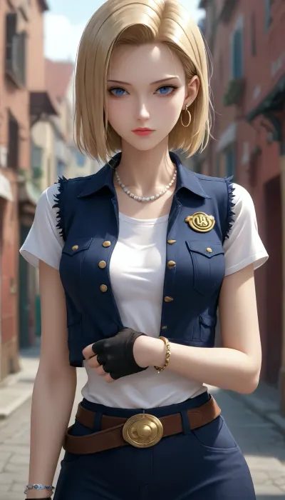 Android 18 from dragon ball z, in 3D art style, DB_Android_18, a, woman, jewelry, blond, hair, earrings, blue, eyes, belt, necklace, skirt, black, fingerless, gloves, white, shirt, vest, hoop, short, sleeves, bracelet, pearl, buckle, <lora:DB_Android_18_V1:.8>