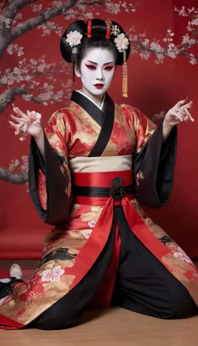 Goth traditional kabuki theater actress in edo period japan, (19th century), intricate red and black kabuki stage makeup, whiteface, red lips, black lipstick line, black eyebrows, white facial powder, small eyes, exaggerated white cheeks, elaborate wig styled in a high bun adorned with cherry blossom petals, red and black kabuki costume, wide red sash belt, red and black kimono, gold embroidery, black pants underneath, detailed wood grain kabuki theater background, ornate stage set with cherry blossom tree, red curtains, japanese fans, theatrical pose, dramatic gaze, holding a fan, intricate patterns, bold colors, highly detailed, cinematic lighting, vibrant colors, realistic textures, high-resolution image, sumptuous fabrics, grandiose performance attire, traditional kabuki theater atmosphere, historical accuracy. uncovered pussy, (((sitting with legs wide spread))), golden dragon licking her pussy, moving her skirt to side, to reveal pussy