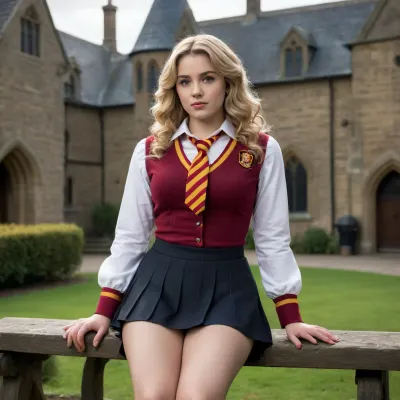 ((extremely realistic scene, most realistic setting), (heavy shadows, dramatic light), (maximum contrasting colours, maximum saturated colours, extremely detailed, highest density, highest definition, (realistic entourage, realistic clothes, realistic hair, realistic face, realistic anatomy, realistic pose), extremely contrasting image)), young busty curvy curly blonde wearing hogwarts uniform sitting on a bench, british beauty, plump and chubby, hogwards gryffindor sexy uniform, hogwarts backyard as background, (highly detailed background, photorealistic background:1.5)