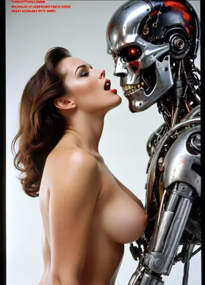(Movie poster for a 1960s horor movie version of Terminator:1.1), Left side view, White background, woman is being penetrated by robot, screaming, naked, anal sex, anal penetration, Jessica Rabbit, cum on body, cum on face, robot is behind, standing sex, big Terminator, <lora:MJ52:1.4>