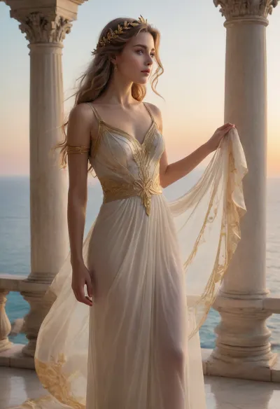 A radiant Muse standing at the edge of a marble balcony overlooking the dawn-lit sea. She wears a flowing, semi-transparent gown that glows softly in the morning light, her hair gently lifted by the breeze. Golden laurel leaves adorn her head, and in her hands she holds a glowing lyre or a scroll of divine inspiration. Around her, faint ethereal lights swirl like invisible muses of her own. Her eyes are calm, wise, and full of creativity. The architecture is ancient and elegant — like a temple in the sky. Soft pastel tones, cinematic lighting, fantasy realism, serene and divine mood
