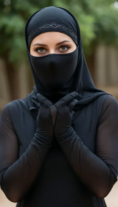 Cute etremly dark taned skin white woman Wearing a niqab, gloves covering your hands up to the wrists, and a hijab with a mesh burqa covering your hair, neck, and eyes. This must be repressive and oppressive, threatening women's fundamental rights and autonomy.