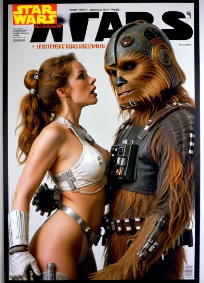 (Movie poster for a 1990s movie version of Star wars:1.4), Left side view, White background, woman is being penetrated by two Chewbacca, screaming, naked, anal sex, anal penetration, Jessica Rabbit, cum on body, cum on face, Chewbacca is behind, standing sex, <lora:MJ52:1.6>, wears, helmet, gloves, orange, and, white, spacesuit, <lora:StarWars1024:.8>